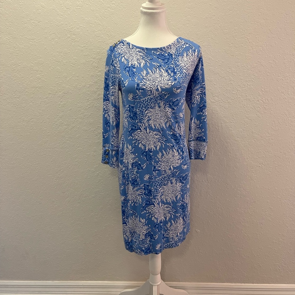 Lilly Pulitzer Blue and White Sheath Dress with 3/4 Sleeves